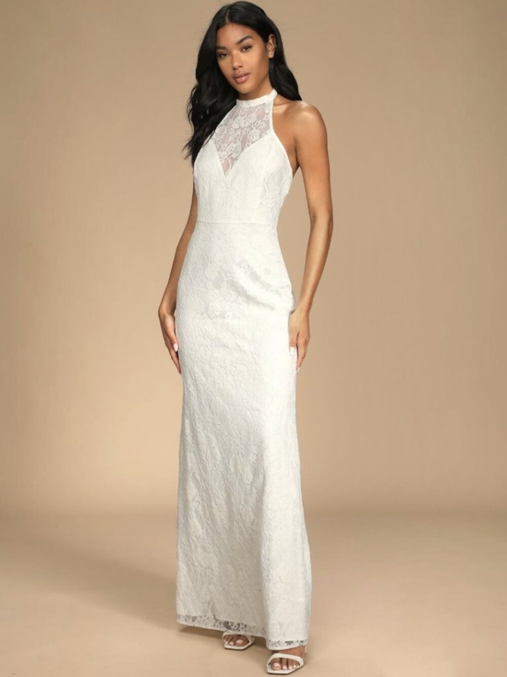 NWT Lulus Love Season White Lace Backless Halter Maxi Dress (size S)